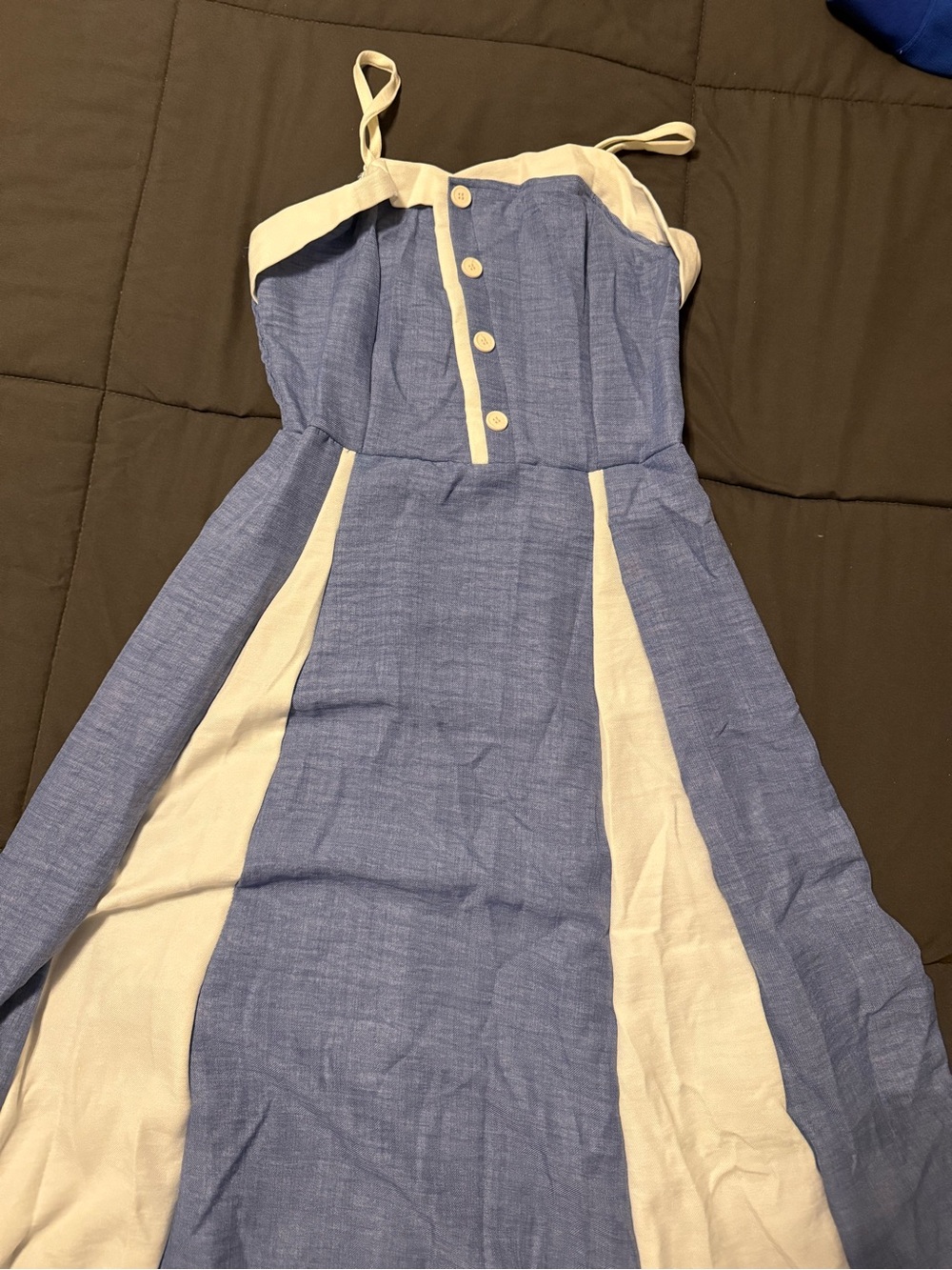 Blue and Cream Button-Front Ankle Dress with Contrast Panels